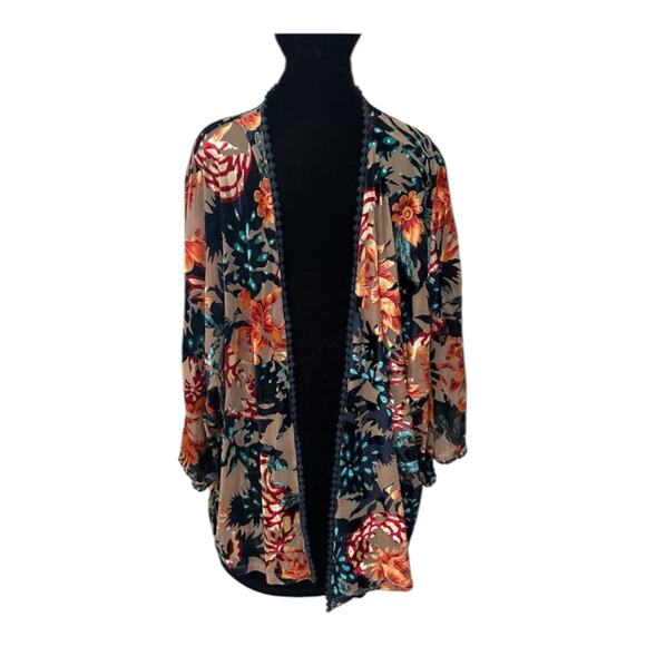 Sunday in Brooklyn Tops - Sunday In Brooklyn Floral Velvet Trim Kimono Cardigan Boho Duster Medium M